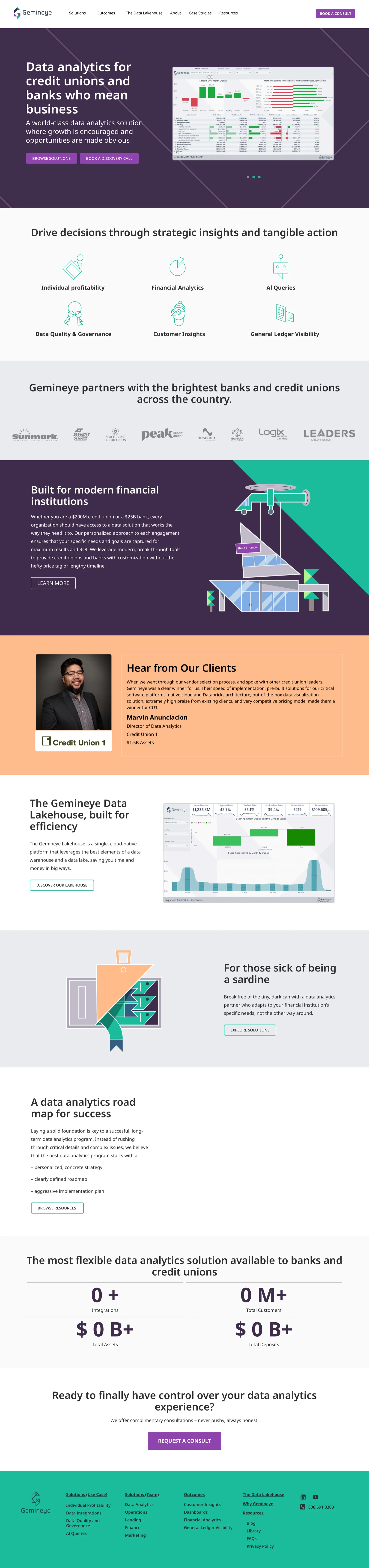 The Gemineye homepage we built, shown on desktop