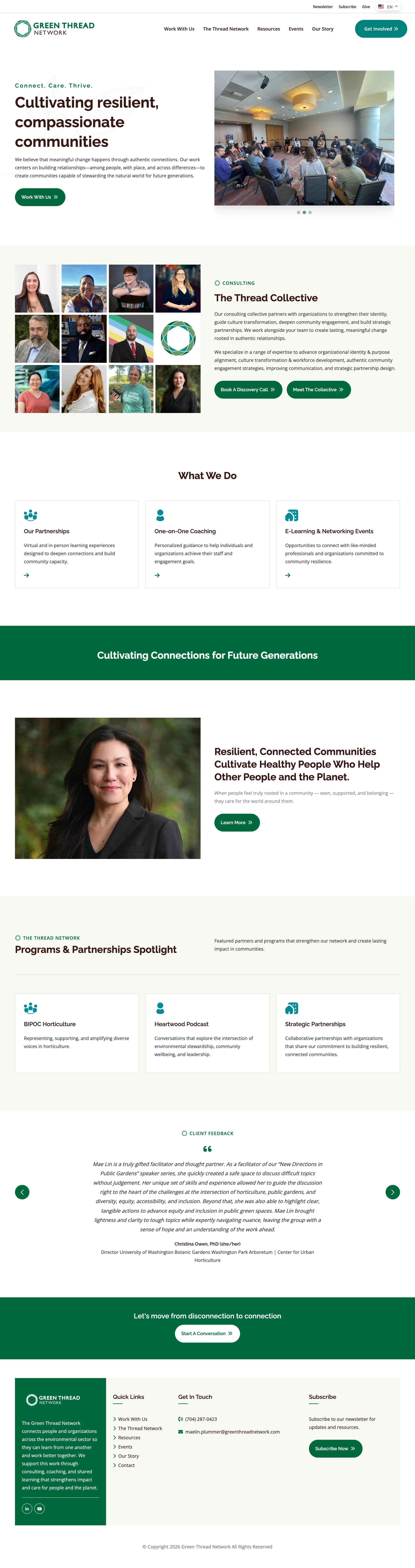 The Green Thread Network homepage we built, shown on desktop