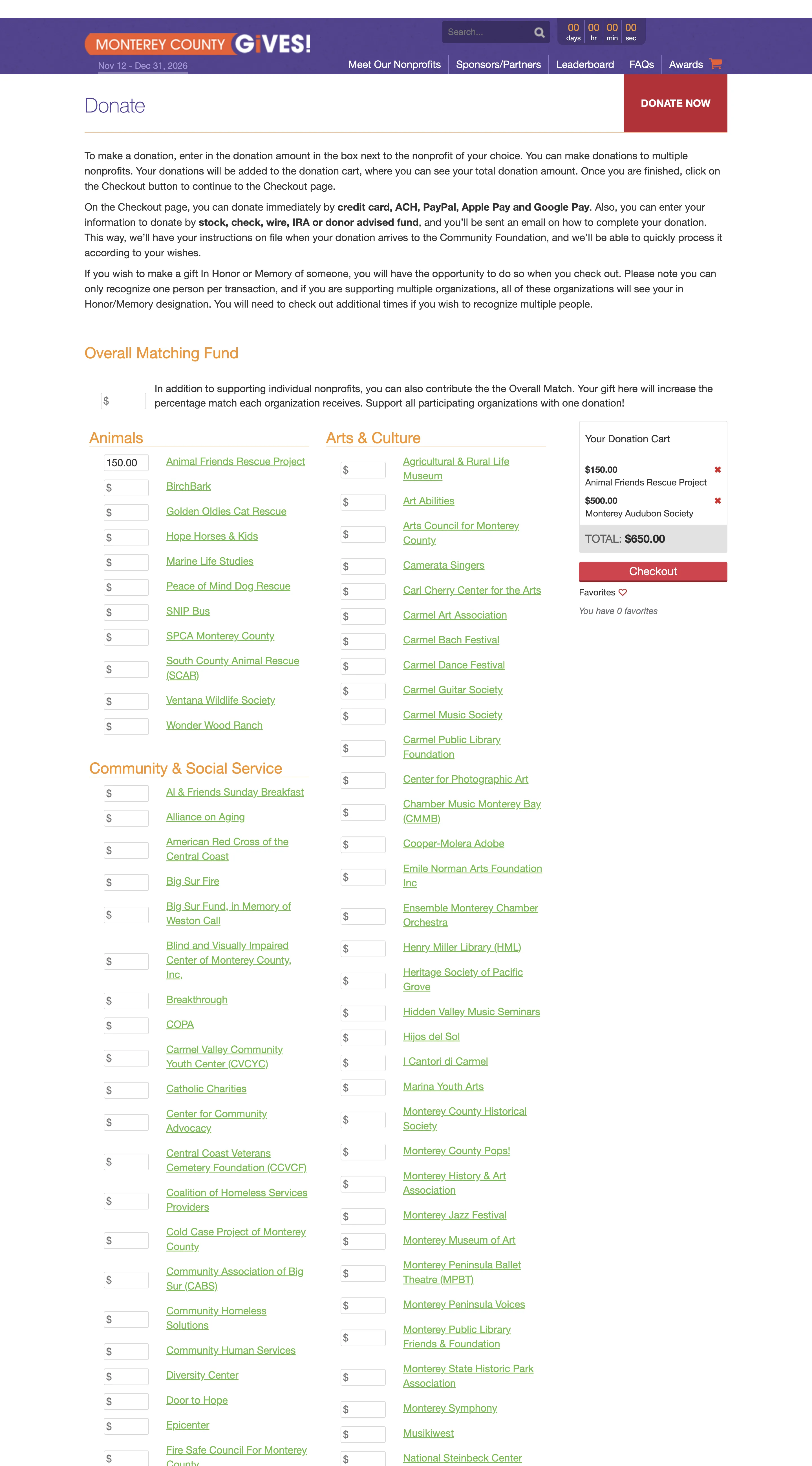 The Monterey County Gives! donation flow on desktop, giving to multiple nonprofits in one cart