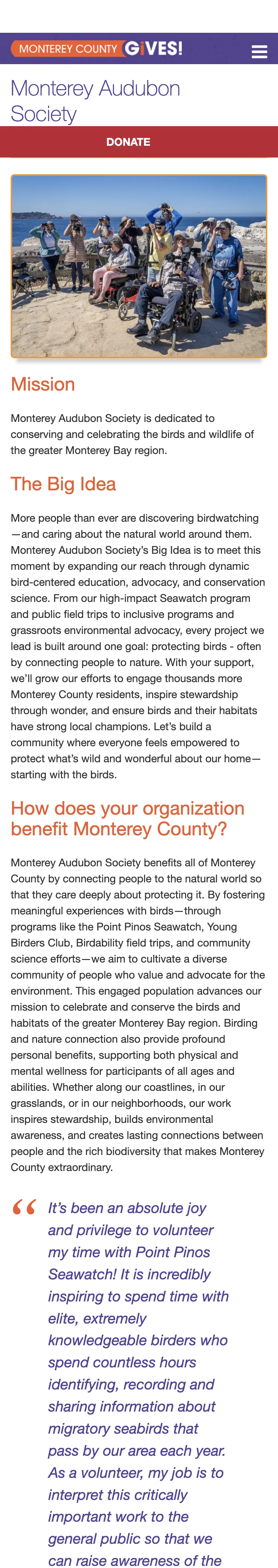 A participating nonprofit's profile page on a phone