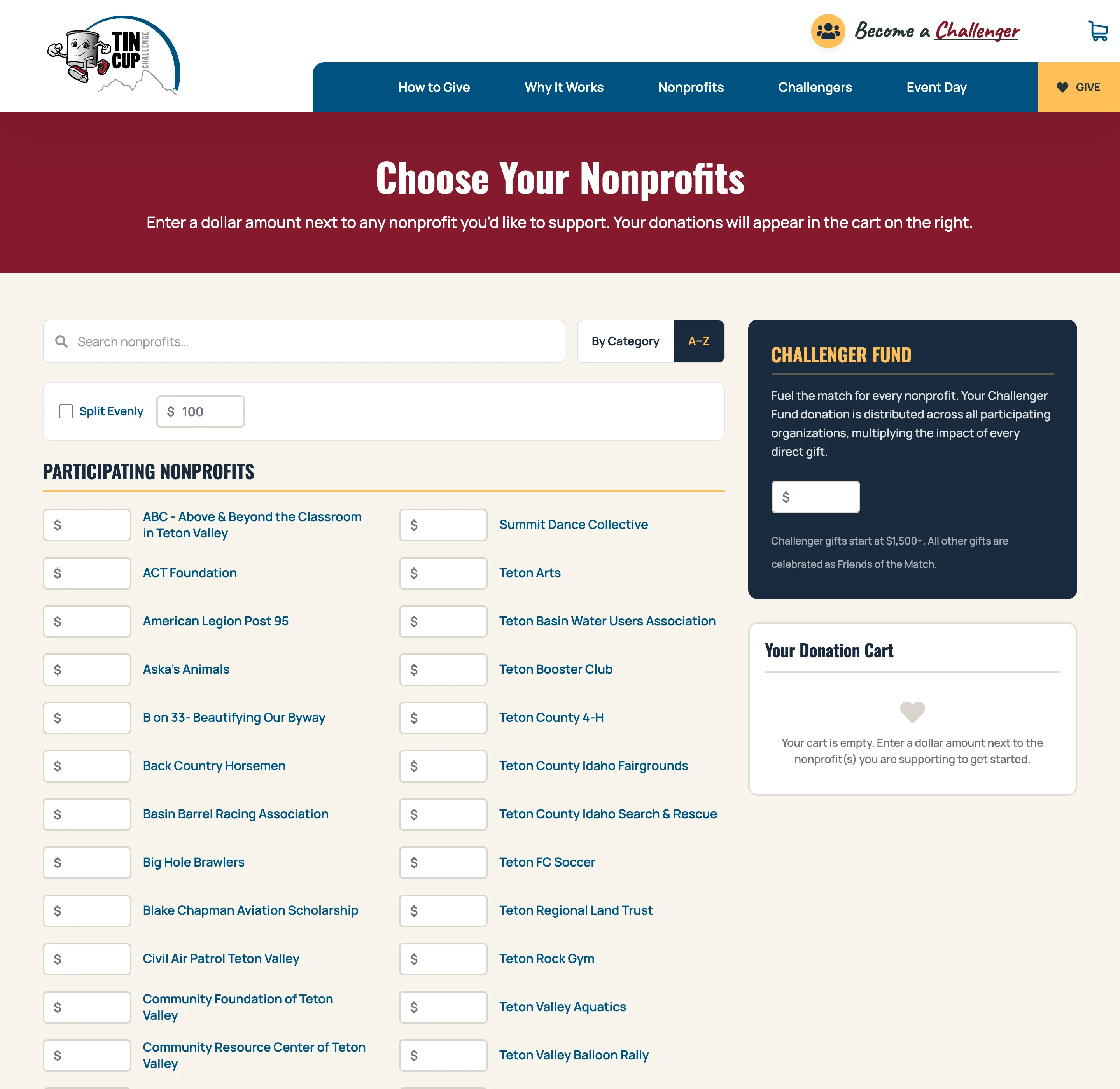 Tin Cup Challenge nonprofit-selection give flow on desktop