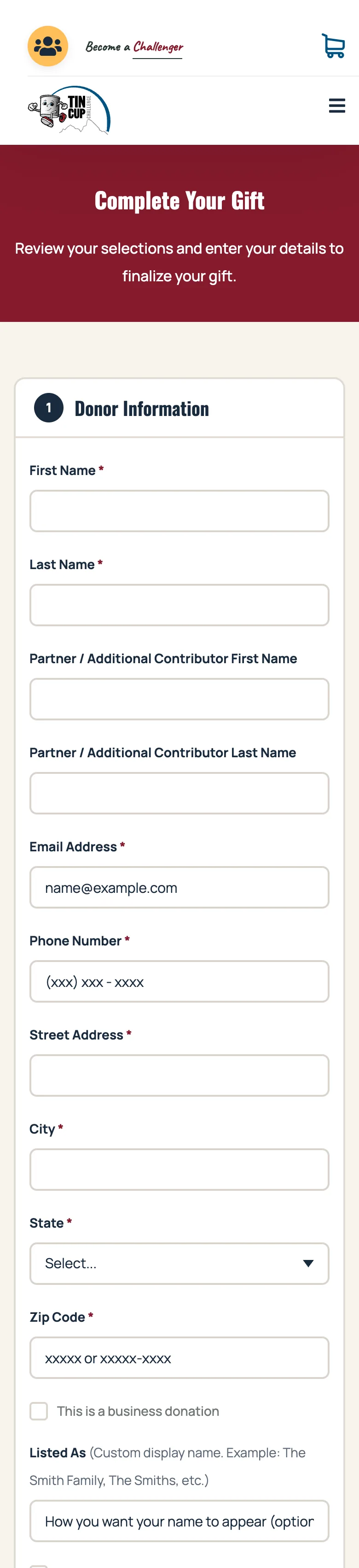 Tin Cup Challenge donor checkout form on a phone