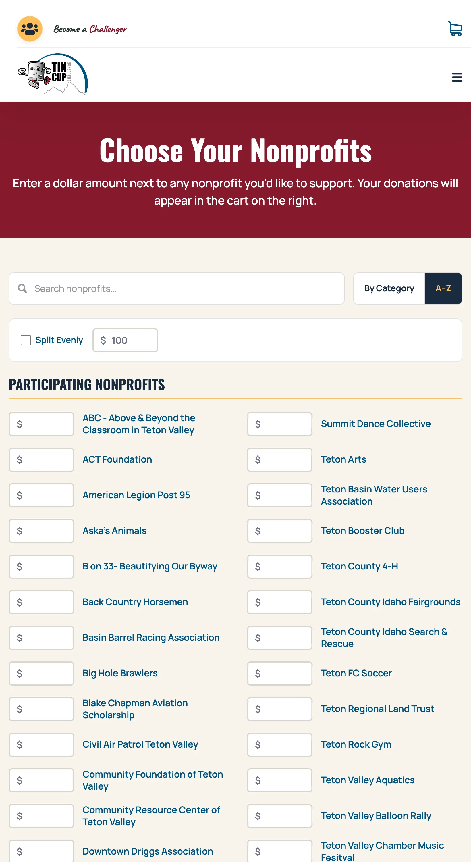 Tin Cup Challenge nonprofit-selection give flow on a tablet