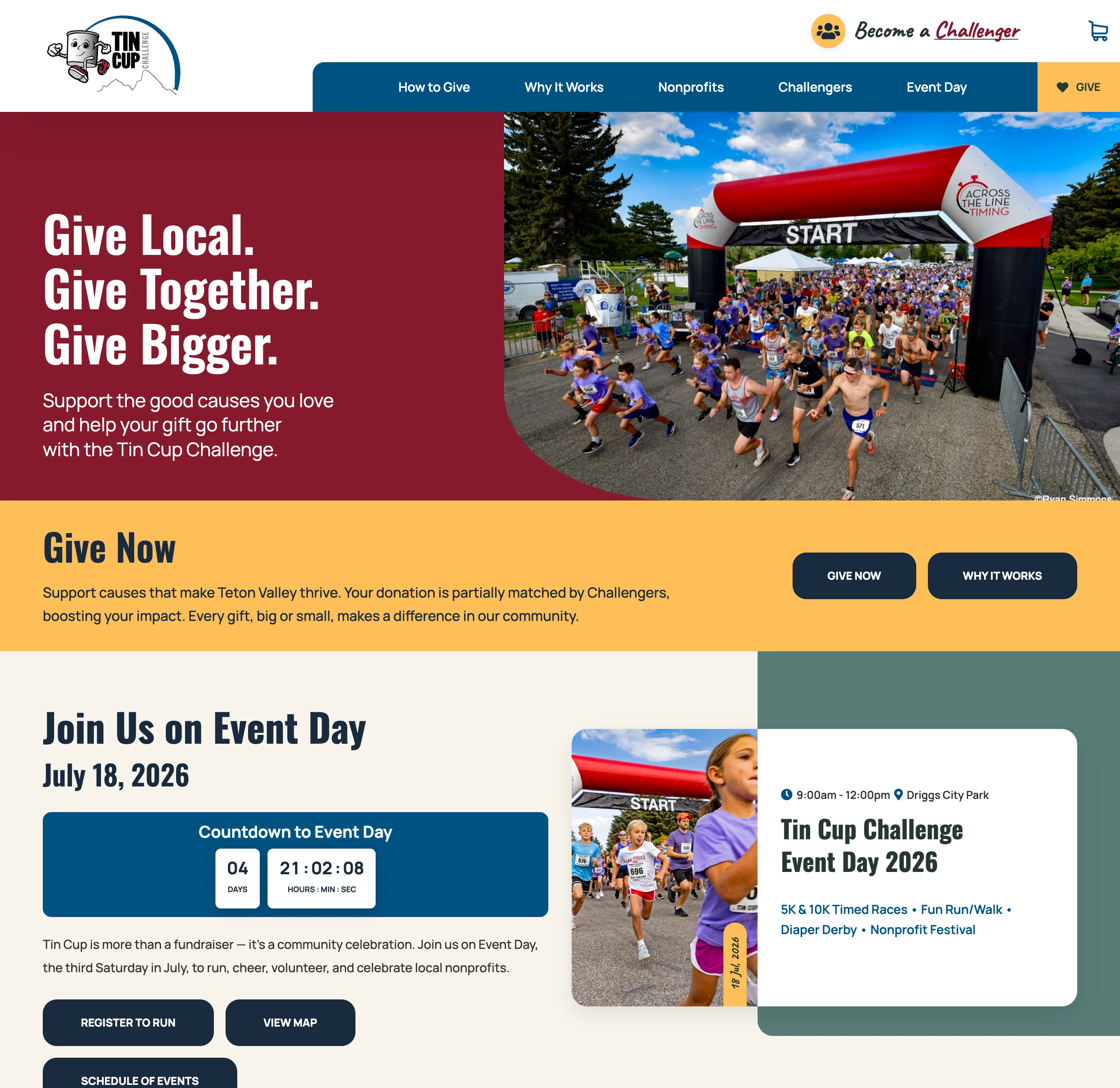 Tin Cup Challenge campaign homepage on desktop