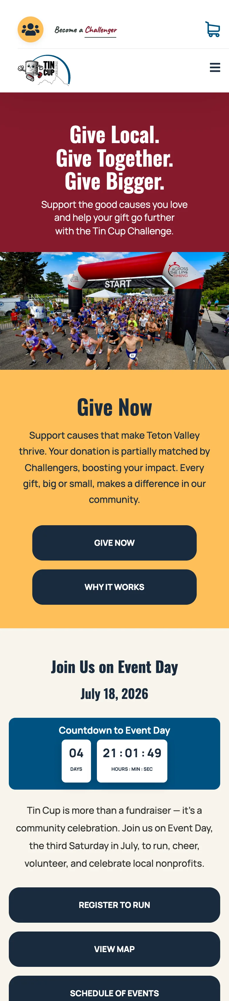 Tin Cup Challenge campaign homepage on a phone