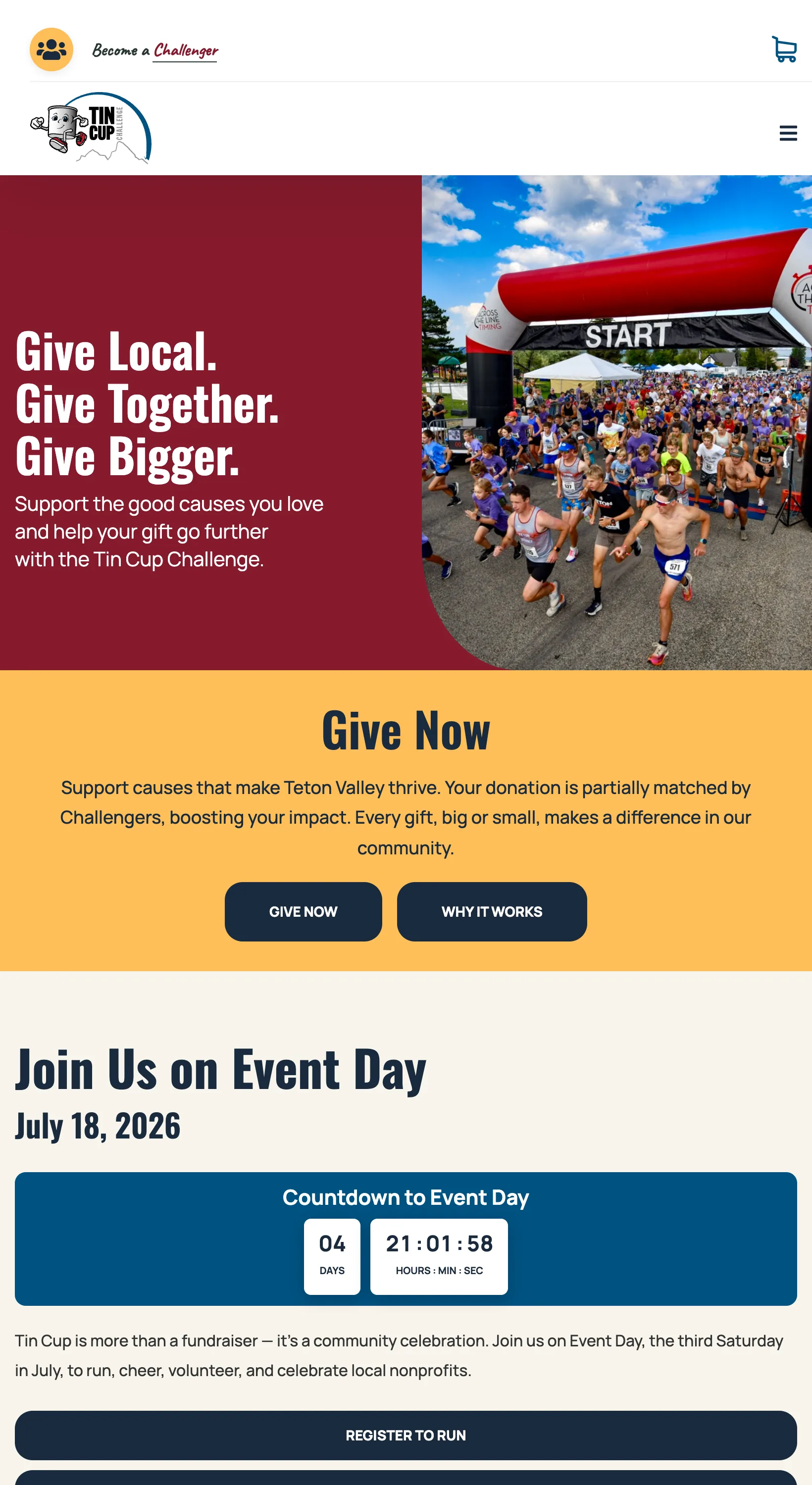 Tin Cup Challenge campaign homepage on a tablet