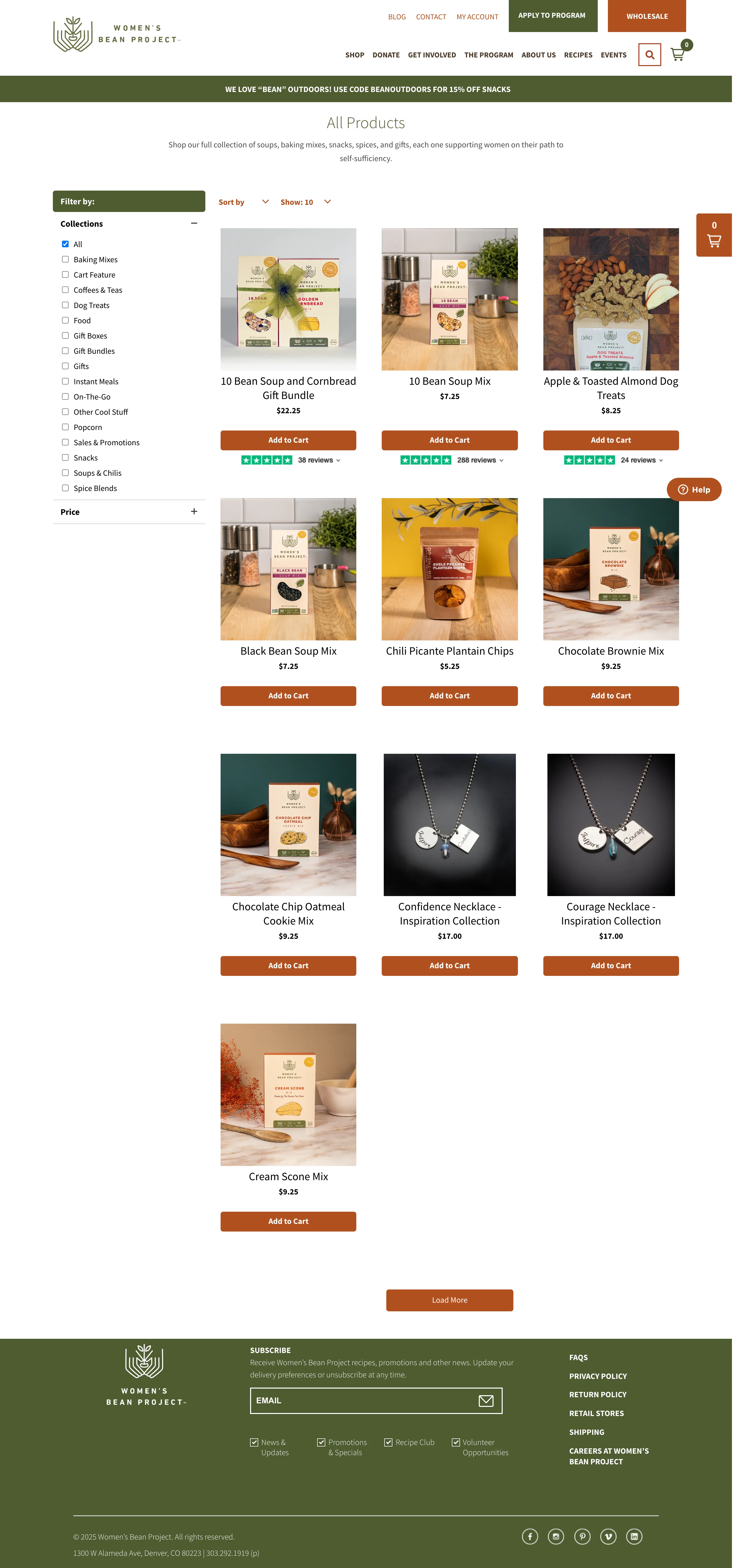 The Women's Bean Project Shopify catalog on desktop