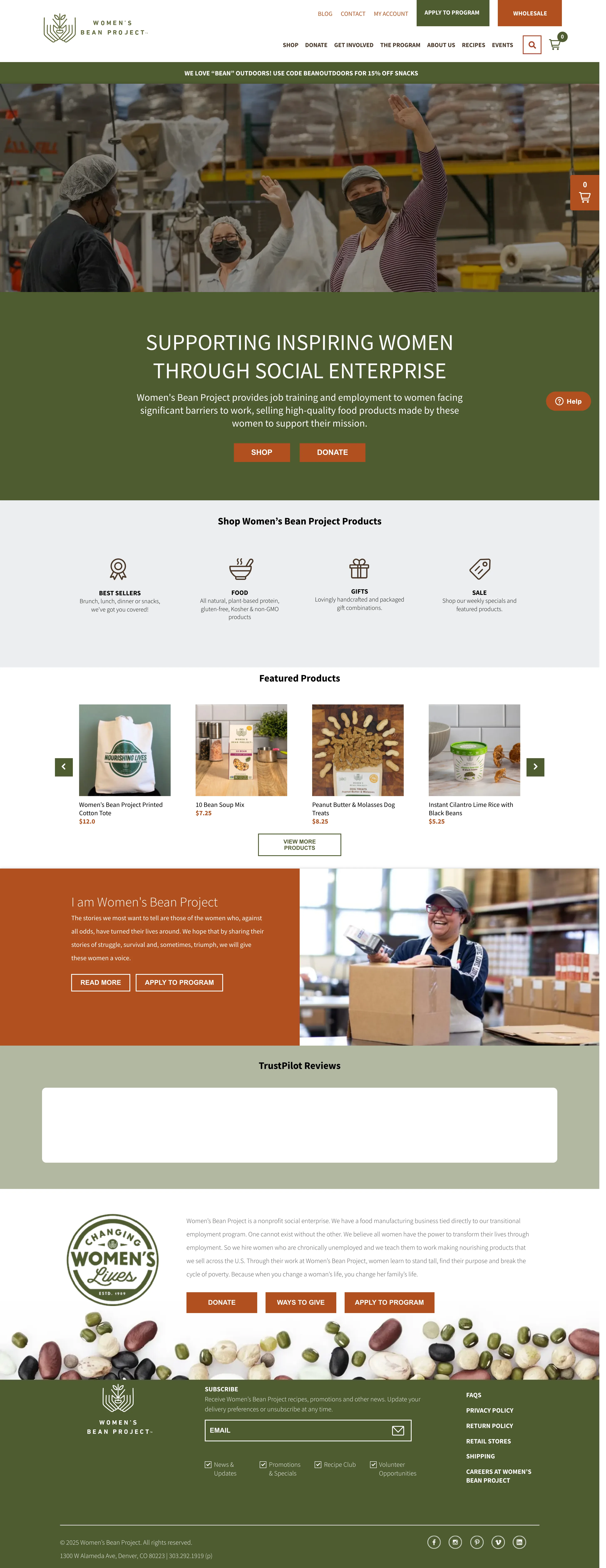 Redesigned Women's Bean Project homepage on desktop